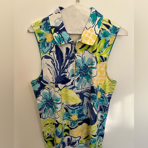 RAFAELLA SIZE LARGE Floral Sleeveless Polo Top Blue, Green, Yellow.  20” chest - Picture 1 of 4